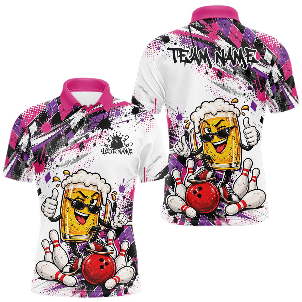 Maxcorners Pink And Purple Splatter Argyle Pattern Funny Beer Custom Bowling Men Polo Shirt