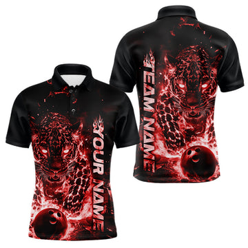 Maxcorners Custom Red Flaming Leopard Bowling Shirts For Men, Fire Bowling Team Shirt Bowler Uniform LM2602