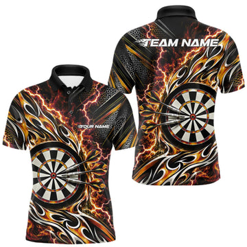 Maxcorners Custom Black And Orange Flame And Lightning Dart Team Polo Shirt For Men, Dart Jersey LM1910
