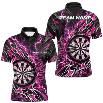 Maxcorners Custom Black And Pink Flame And Lightning Dart Team Polo Shirt For Men, Dart Jersey LM1910