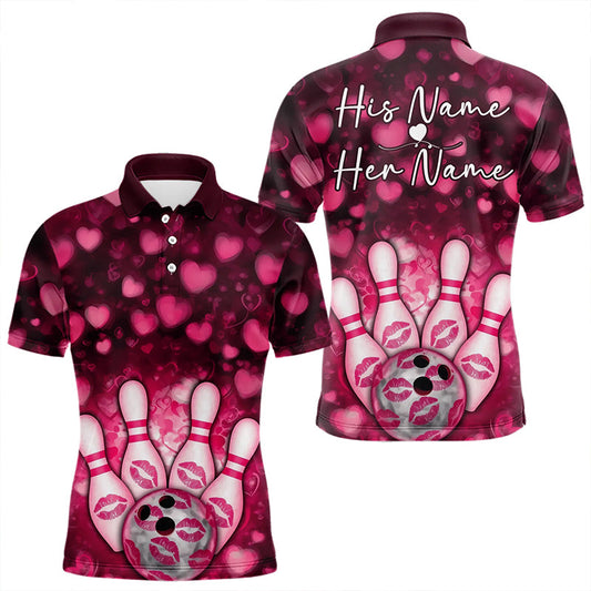 Maxcorners Black And Pink Heart Custom Valentines Bowling Polo Shirt For Men And Women Bowling Couple Outfit