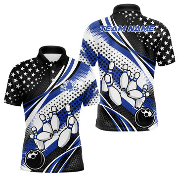 Maxcorners Custom Black And Blue American Flag Patriotic Bowling Shirts, US Flag Bowling League Shirt Bowlers Outfit LM1501