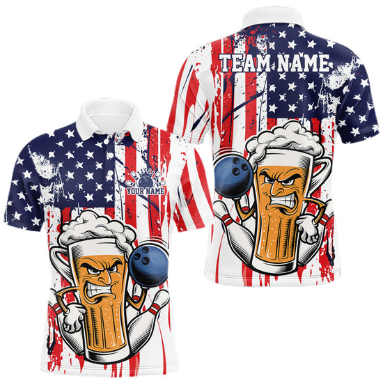 Maxcorners Custom Funny Patriotic Beer Bowling Team Men Polo Shirt, US Flag Beer Bowling Jersey