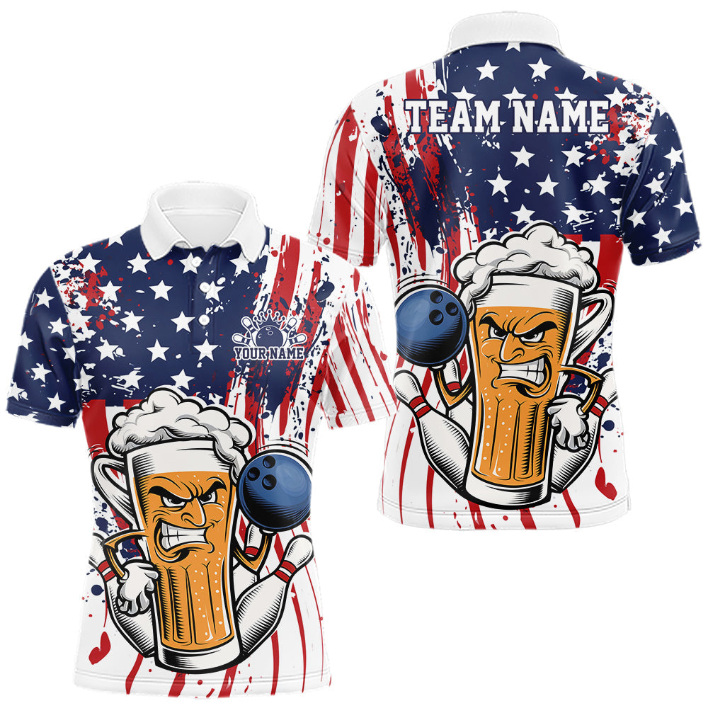 Maxcorners Custom Funny Patriotic Beer Bowling Men Polo Shirt, American Flag Beer Bowling Jersey