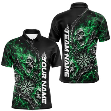 Maxcorners Custom Green Flame Skull Dart Team Men Polo Shirt, Dart Halloween Outfit LM1910