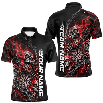 Maxcorners Custom Red Flame Skull Dart Team Men Polo Shirt, Dart Halloween Outfit LM1910