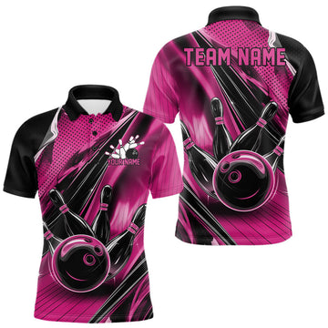 Maxcorners Custom Black And Pink Bowling Jerseys For Men, Bowling Team Polo Shirts With Name