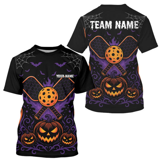 Maxcorners Custom Black And Orange Halloween Pumpkins Pickleball Team Men T-Shirts LM0609