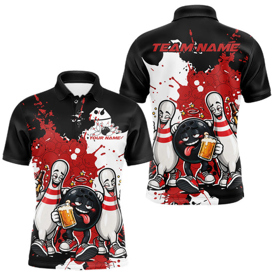 Maxcorners Red Splatter Drunk Bowling Ball And Pins Custom Funny Bowling Beer Men Polo Shirt