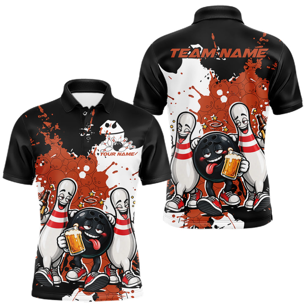 Maxcorners Orange Splatter Drunk Bowling Ball And Pins Custom Funny Bowling Beer Men Polo Shirt