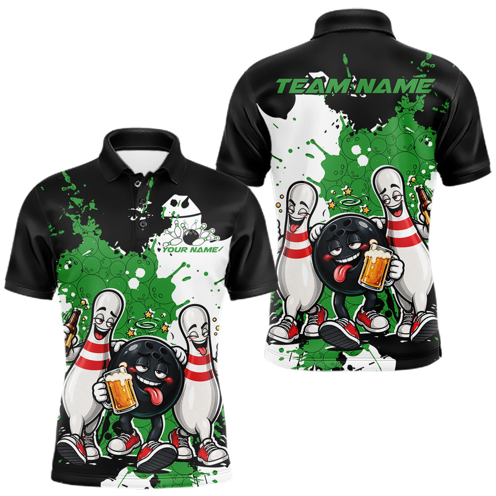Maxcorners Green Splatter Drunk Bowling Ball And Pins Custom Funny Bowling Beer Men Polo Shirt