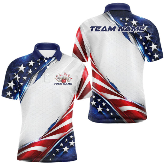 Maxcorners Custom Patriotic American Flag Bowling League Shirt, US Flag Bowling Men Polo Shirt