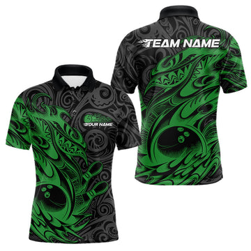 Maxcorners Custom Black And Green Tribal Polynesian Bowling Team Men Shirts, Niho Mano Bowling Shirt LM2602