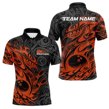 Maxcorners Custom Black And Orange Tribal Polynesian Bowling Team Men Shirts, Niho Mano Bowling LM2602