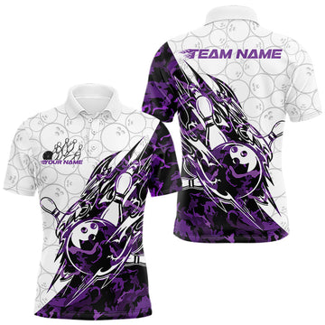 Maxcorners Custom Purple Camo Bowling Men Polo Shirt, Bowling Ball Pattern Team Jerseys