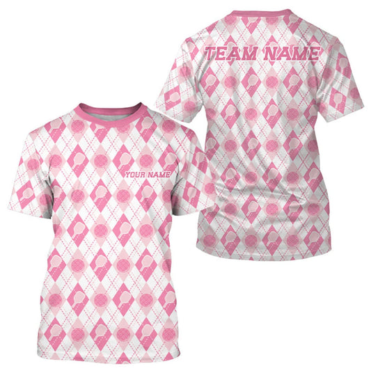 Maxcorners Custom White And Pink Pickleball Balls And Paddles Argyle Pattern Casual Men T-Shirts LM0609