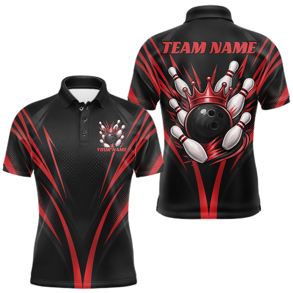 Maxcorners Custom Black And Red Crown Bowling Men Polo Shirt, Bowling League Team Shirt