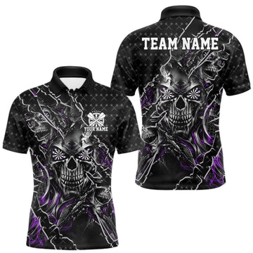 Maxcorners Custom Black And Purple Skull Dart Men Polo Shirt, Dart Pattern Halloween Dart Jersey LM1910