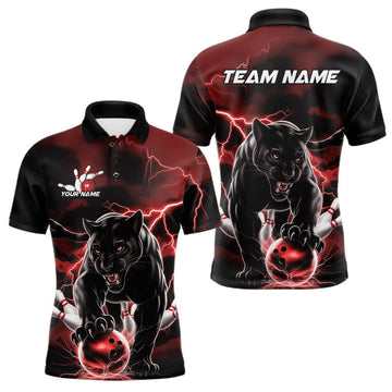 Maxcorners Red Thunder Lightning Custom Panther Men Bowling Polo Shirts, Panther Bowling Jerseys LM2602
