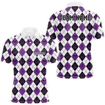 Maxcorners Custom Funny White, Black And Purple Halloween Bowling Argyle Pattern Men Polo Shirt