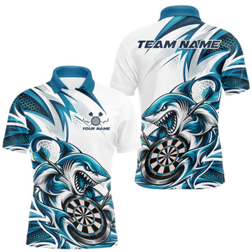 Maxcorners Custom White And Teal Blue Shark Dart Jersey, Dart Polo Shirt For Men Team Uniform LM1910