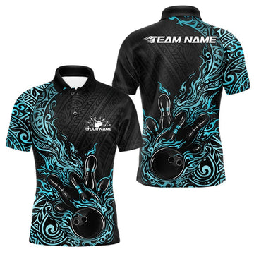 Maxcorners Custom Black And Blue Tribal Flame Bowling Ball Bowling Team Shirts, Polynesian Bowling Tournament Shirt 3 LM1501