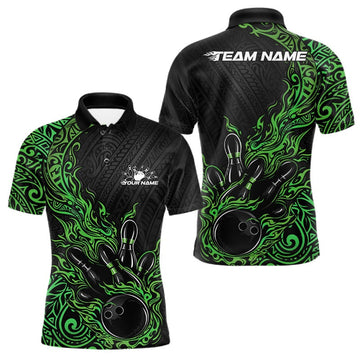 Maxcorners Custom Black And Green Tribal Flame Bowling Ball Bowling Team Shirts, Polynesian Bowling Tournament Shirt 2 LM1501