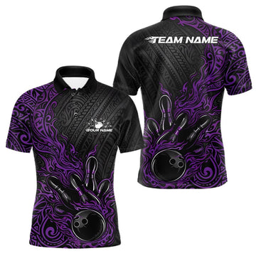Maxcorners Custom Black And Purple Tribal Flame Bowling Ball Bowling Team Shirts, Polynesian Bowling Tournament Shirt 1 LM1501