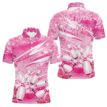 Maxcorners Custom Pink Heart Valentine Bowling Couples Shirt, Heart And Roses Bowling Husband And Wife Gifts With Name LM2201