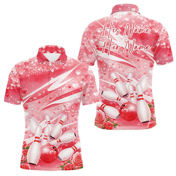 Maxcorners Custom Red Heart Valentine Bowling Couples Shirt, Heart And Roses Bowling Husband And Wife Gifts With Name LM2201