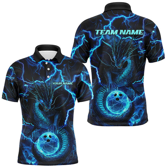 Maxcorners Black And Blue Thunder Lightning Custom Dragon Bowling Shirts For Men, Bowling Team Jerseys