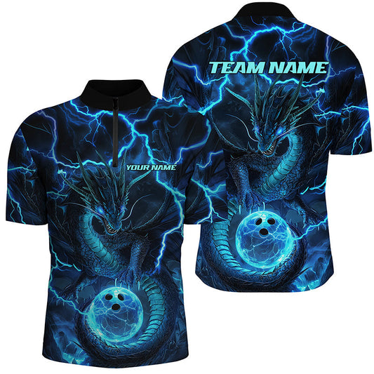 Maxcorners Black And Blue Thunder Lightning Custom Dragon Bowling Shirts For Men, Bowling Team Jerseys