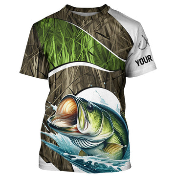 Maxcorners Personalized Largemouth Bass Fishing Camo Long Sleeve Fishing Shirts, Bass Fishing Jerseys MT2108