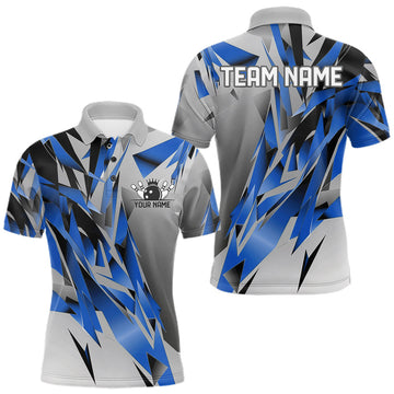 Maxcorners Blue And Gray Custom Bowling Jersey, Matching Bowling Team Men Polo Shirt Bowler Gift
