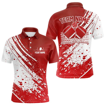Maxcorners Custom Red And White Pickleball Polo Shirts For Men, Pickleball Heartbeat Pulse Line Shirt