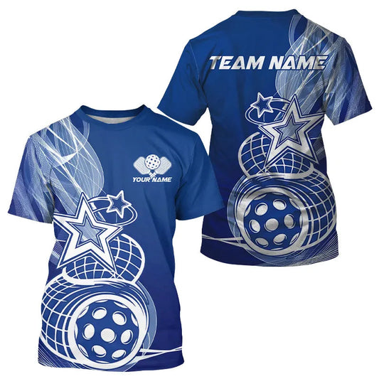 Maxcorners Custom Blue Pickleball Star Polo Shirts For Men, Outdoor Pickleball Team Uniform