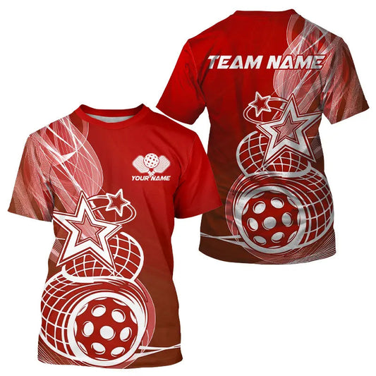 Maxcorners Custom Red Pickleball Star Polo Shirts For Men, Outdoor Pickleball Team Uniform
