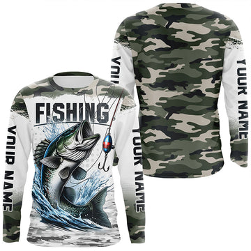 Maxcorners Bass Fishing Camo Custom Long Sleeve Fishing Shirts, Personalized Bass Fishing Jerseys LM0201