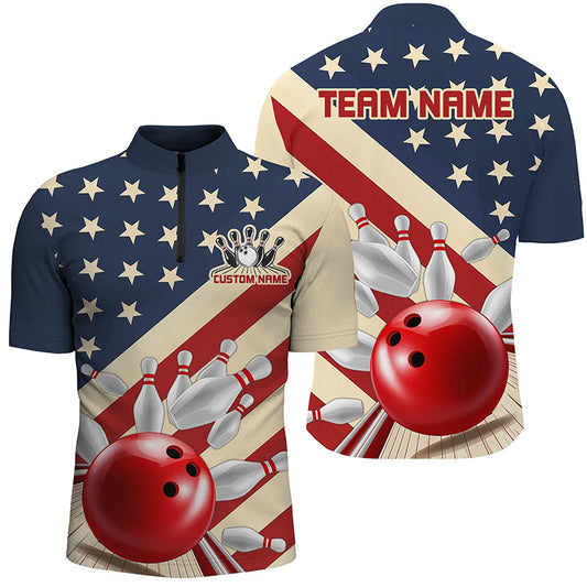 Maxcorners Vintage American Flag Custom Bowling Team Shirt For Men And Women, Retro Patriotic Bowling Jersey