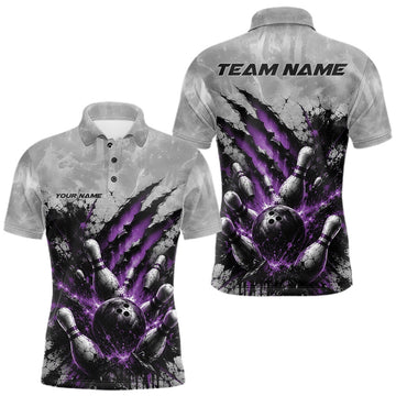 Maxcorners Custom Gray And Purple Men Polo Shirt Featuring Bowling Ball And Pins With Claw-Mark LM2806