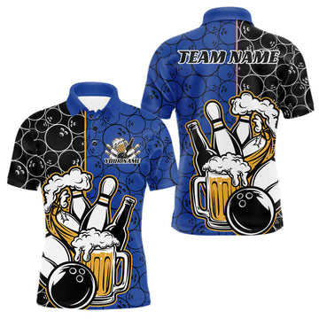 Maxcorners Custom Black And Blue Retro Bowling Beer Team Shirts For Men, Bowling Pattern Jerseys LM2201