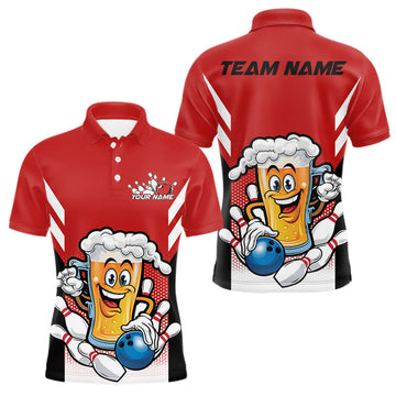 Maxcorners Custom Funny Red Bowling Jerseys Bowling And Beer Men Polo Shirts, Bowling Jersey LM2201