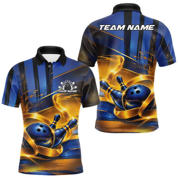 Maxcorners Personalized Blue And Gold Bowling Men Polo Shirt With Glossy Bowling Ball And Pins LM2806