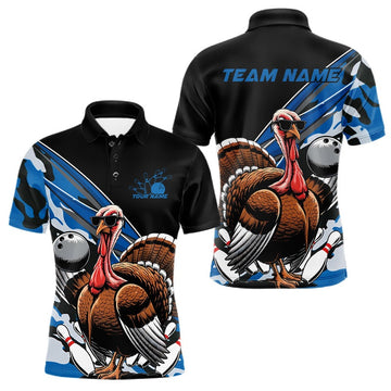 Maxcorners Custom Blue Camo Funny Turkey Bowling Team Shirt For Men, Turkey Bowling Jerseys LM2201
