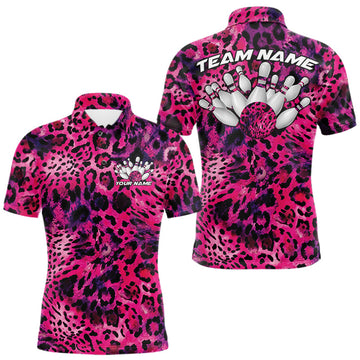 Maxcorners Custom Pink Purple Leopard Cheetah Pattern Bowling Men Polo Shirts, Zebra Bowling Jerseys LM0106