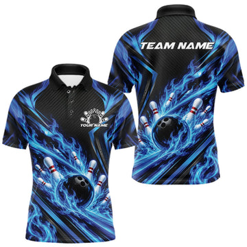 Maxcorners Black And Blue Flame Custom Bowling Team Men Polo Shirt, Matching Bowling Jersey LM2709