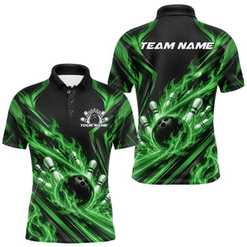Maxcorners Black And Green Flame Custom Bowling Team Men Polo Shirt, Matching Bowling Jersey LM2709