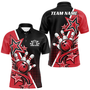 Maxcorners Custom Black And Red Star Bowling Jersey, Bowling League Team Men Polo Shirt