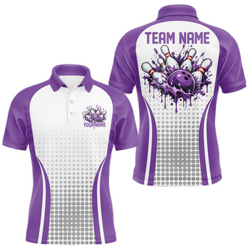 Maxcorners Custom White And Purple Dripping Bowling League Men Polo Shirt, Team Tournament Jersey
