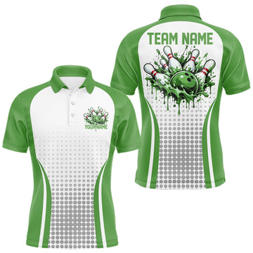 Maxcorners Custom White And Green Dripping Bowling League Men Polo Shirt, Team Tournament Jersey